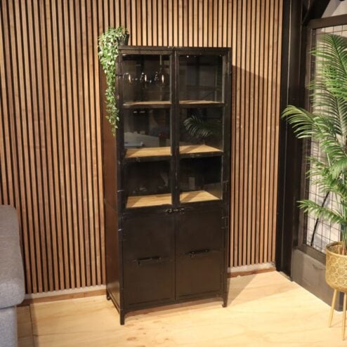 Smalle vitrinekast Garcia industrieel zwart hout 80cm
