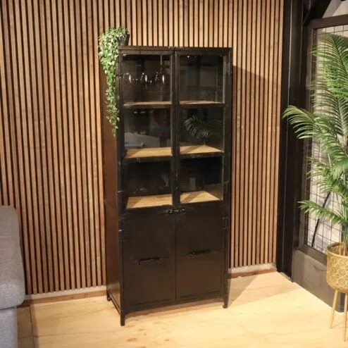 Smalle vitrinekast Garcia industrieel zwart hout 80cm