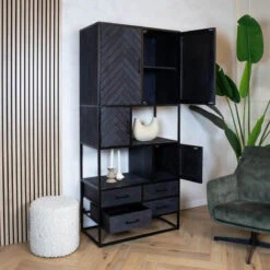 Scandi vakkenkast industrieel mangohout visgraat zwart