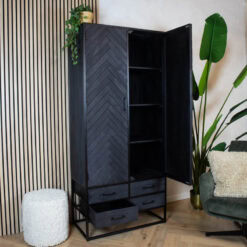 Scandi wandkast industrieel mangohout visgraat zwart 90cm