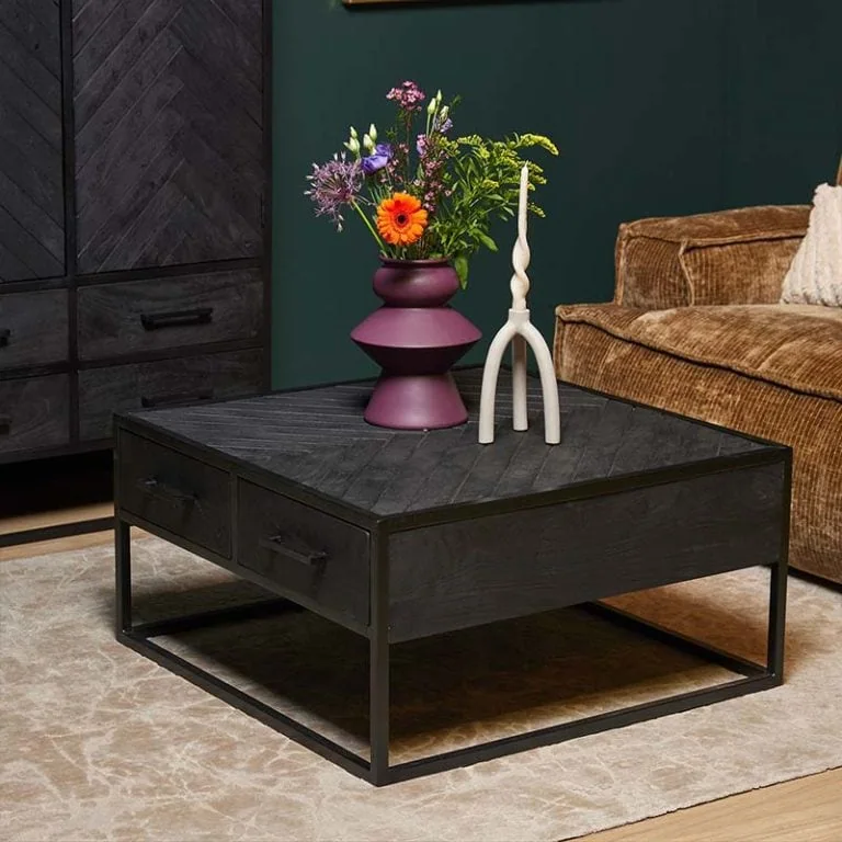 Scandi salontafel industrieel visgraat zwart 4 lades