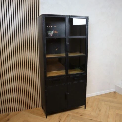 Figue vitrinekast industrieel zwart / houten planken 90cm