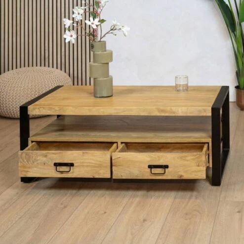 Britt salontafel industrieel mangohout met 4 lades 120cm