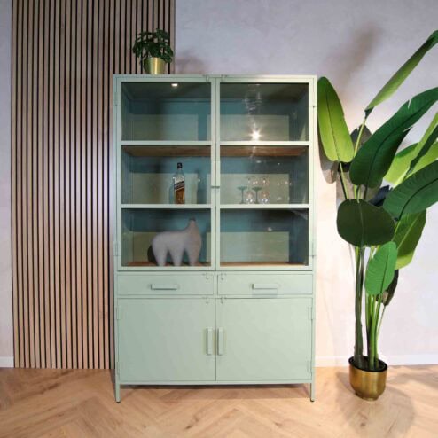 Figue vitrinekast industrieel olijfgroen / houten planken 120cm