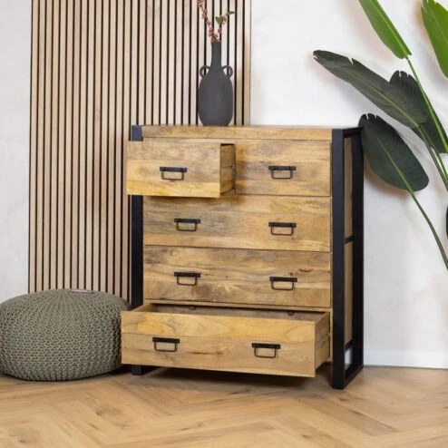 Britt 5 lades kast industrieel mangohout 100x40x115cm