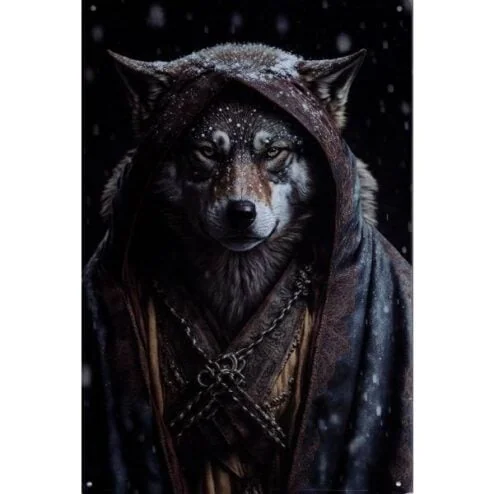 Wolf met kap - metalen bord