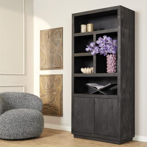 Boekenkast Dortmund mangohout zwart 5 vakken 90cm
