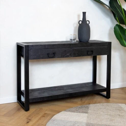 Britt sidetable industrieel mangohout zwart 120cm