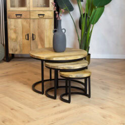 Morada salontafel industrieel mangohout licht naturel rond set van 3