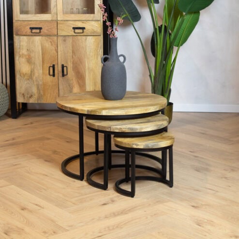 Morada salontafel industrieel mangohout licht naturel rond set van 3