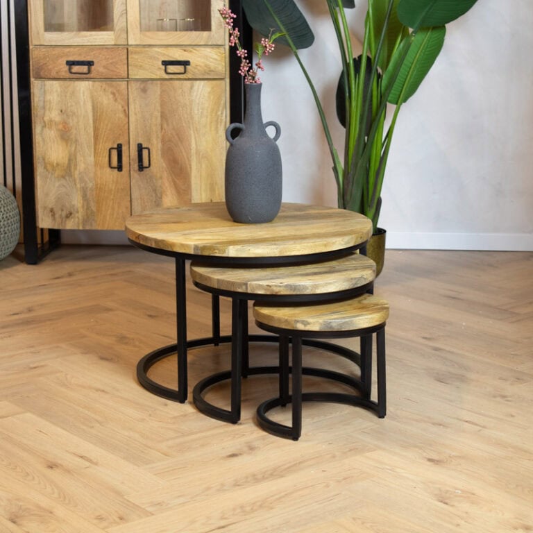 Morada salontafel industrieel mangohout licht naturel rond set van 3