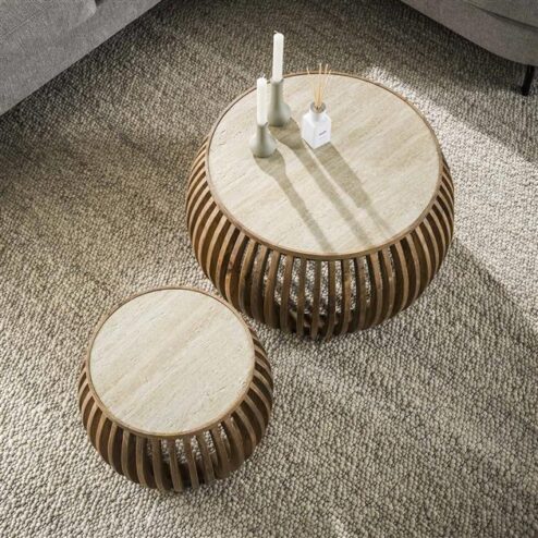 Numa Salontafel set van 2 Curve Mangohout Travertin