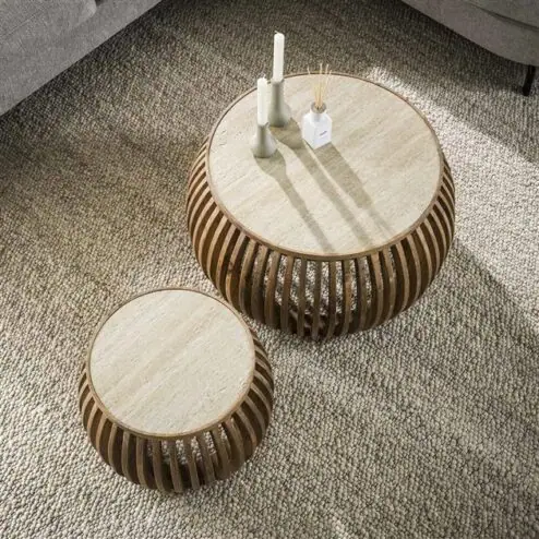 Numa Salontafel set van 2 Curve Mangohout Travertin