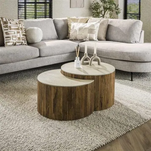 Numa Salontafel set van 2 Halfrond Mangohout Travertin