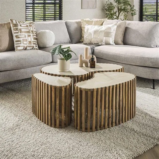 Numa Salontafel set van 3 Niervorm Mangohout Travertin