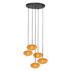 Zavi 5-lichts Getrapte Hanglamp Geribbeld Amberglas