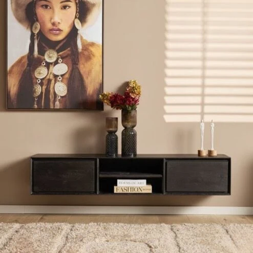 Tony Zwevend Tv meubel Zwart Mangohout 160 cm