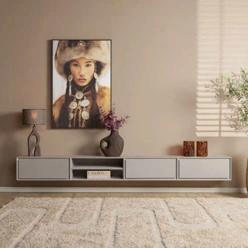 Tony Zwevend Tv meubel Taupe Mangohout 240 cm