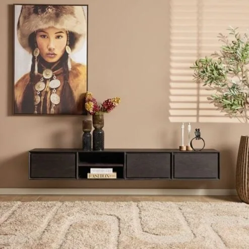 Tony Zwevend Tv meubel Zwart Mangohout 200 cm