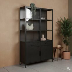 Figue vitrinekast industrieel zwart zijkant glas 120cm