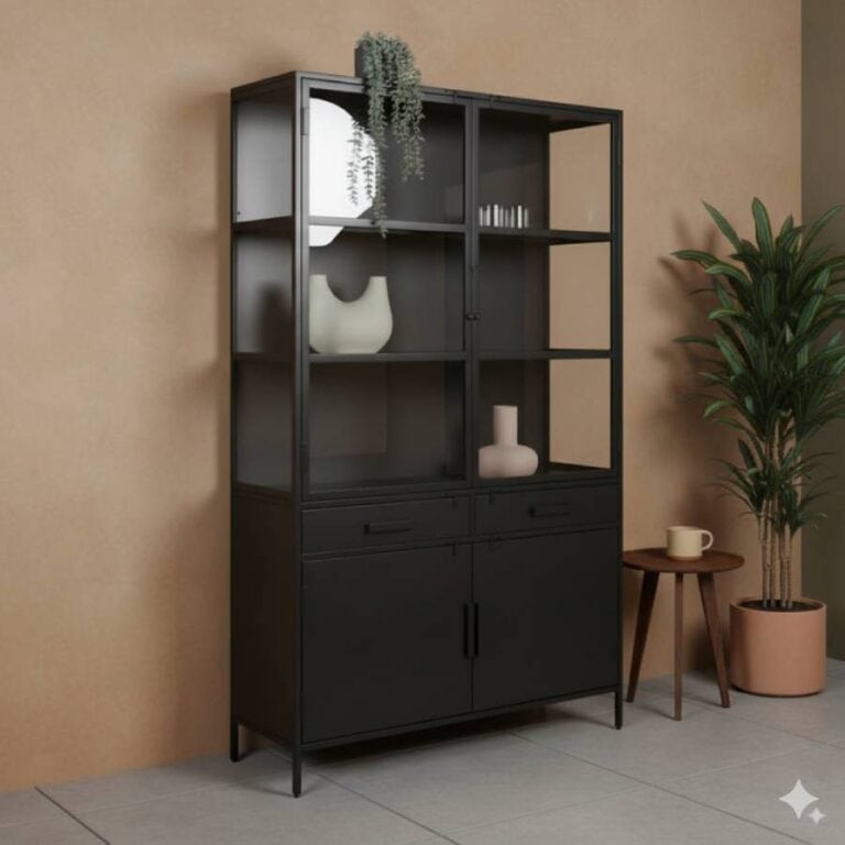 Figue vitrinekast industrieel zwart zijkant glas 120cm