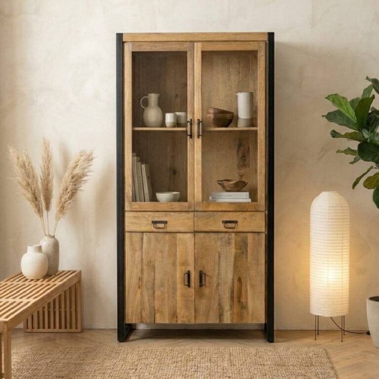 Britt vitrinekast industrieel mangohout hoog 115cmx200cm