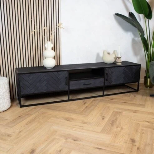 Scandi tv meubel industrieel mangohout visgraat zwart 210cm