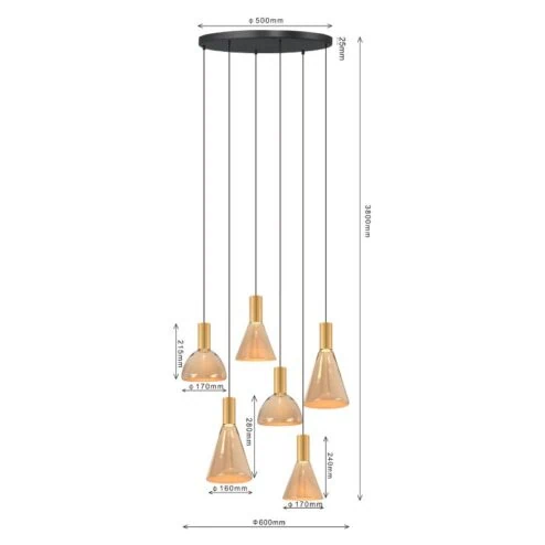 Marlo 6-lichts getrapte Hanglamp Amber glas