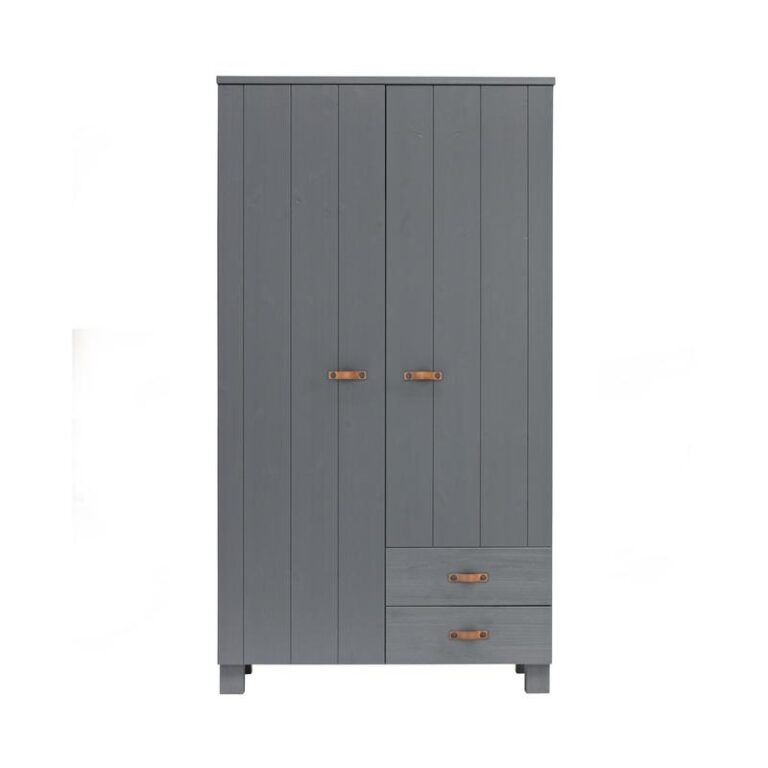 Dennis Kledingkast met laden grenen grijs met leren greep 111cm