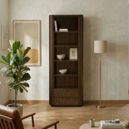 Smalle boekenkast open 2 lades Yama walnoot | 56cm